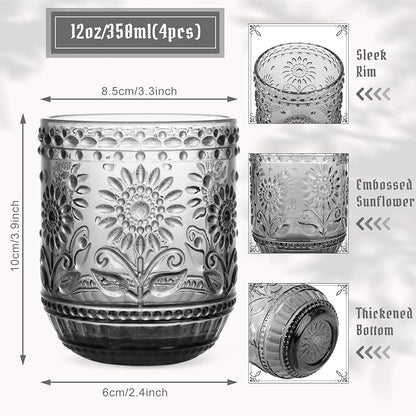 Topsky Vintage Drinking Glass Set of 4, 12 oz Embossed Floral Drinkware Set - Image 4