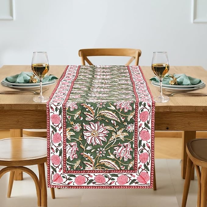 Hunter Green Hand Block Print 100% Cotton Reusable Table Runner 16" X 106" by Ridhi