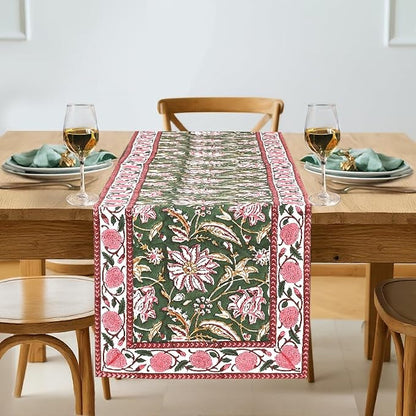 Hunter Green Hand Block Print 100% Cotton Reusable Table Runner 16" X 106" by Ridhi