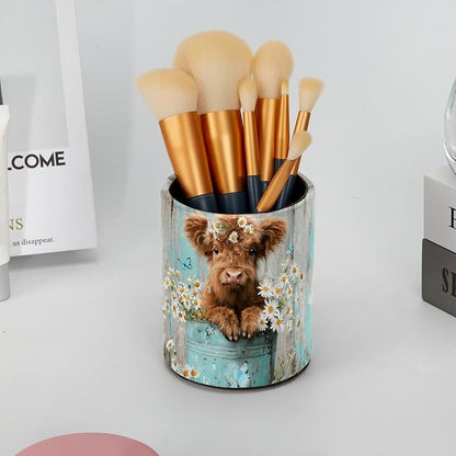 Leather Pen Holder for Desk, Highland Cow Flower Pencil Cup Pen Organizer - Image 6