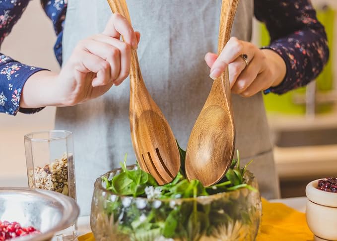 10.2in Wood Salad Servers, Long Handle Salad Server Set | - Image 7