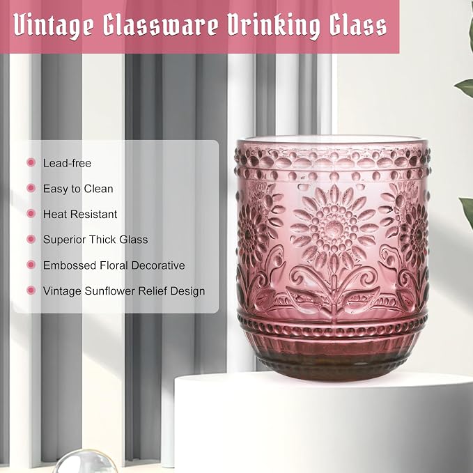 Topsky Vintage Drinking Glass Set of 4, 12 oz Embossed Floral Drinkware Set - Image 5