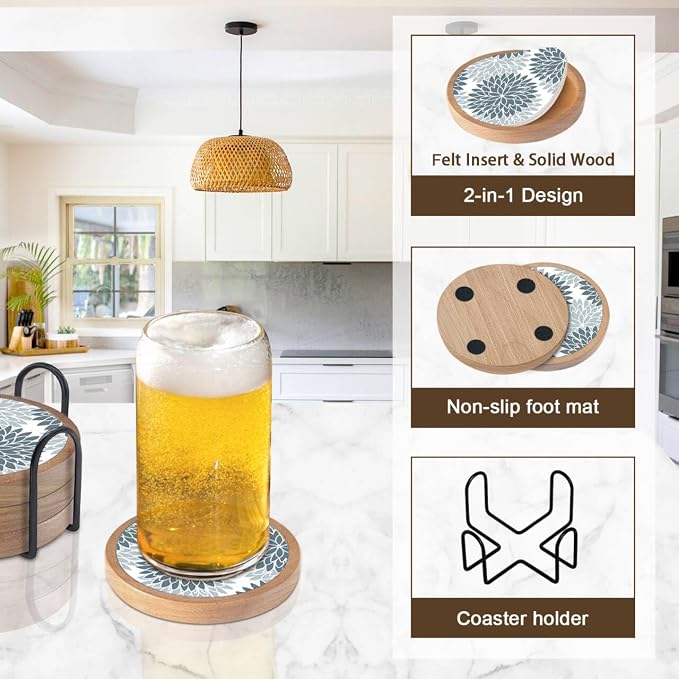 Wood Coasters Set of 4 with Holder, Cewiru Cup Mat - Image 5