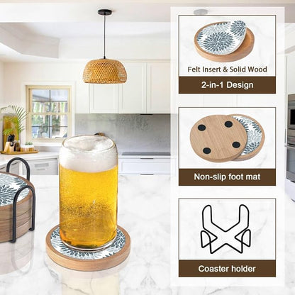 Wood Coasters Set of 4 with Holder, Cewiru Cup Mat - Image 5