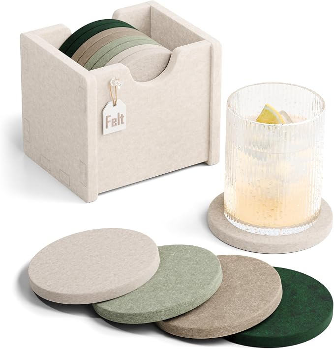Fluxynara Felt Coasters with Holder, Nordic Moss | Round Felt Coasters by FLUXYNARA