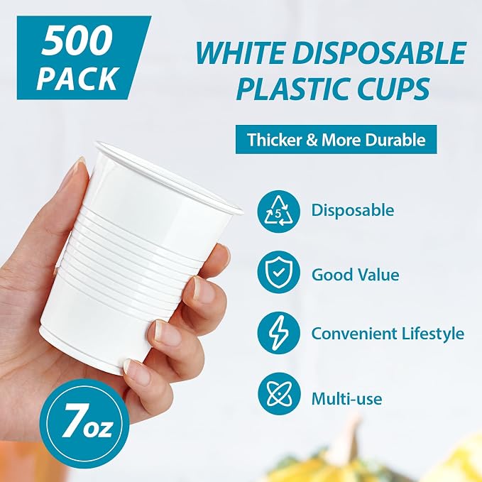 Lilymicky 500 Pack 7 oz White Plastic Cups, Disposable Drinking Cups | Non-slip - Image 3