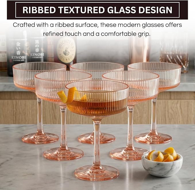 Khen Pink Peach Acrylic Ribbed Coupe Martini Champagne Cocktail Glasses - Image 3