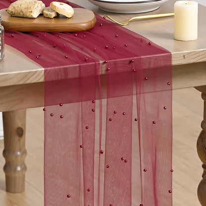 Artoid Mode Pearl Burgundy Gauze Table Runner 120 Inch 10FT, Seasonal Sheer Dining Holiday Wedding Birthday Baby Shower Table Decor for Home Party