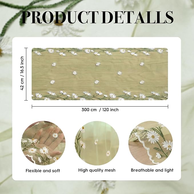 Artoid Mode Daisy Floral Fern Green Shaped Gauze Embroidery Table Runner 120 - Image 6