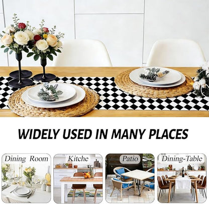 Black Beige Diamond Plaid Table Runner, Home Farmhouse Dining Halloween | Long - Image 5