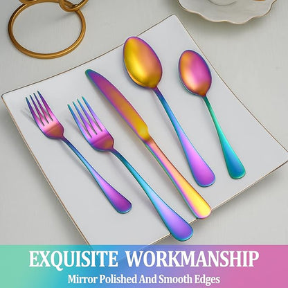 40 Pcs Rainbow Silverware Set Service for 8,Stainless Steel Flatware Serving Sets,Kitchen Tableware Set,Utensil Set for Home and Restaurant,Knives Forks Spoons Set,Mirror Polished,Dishwasher Safe