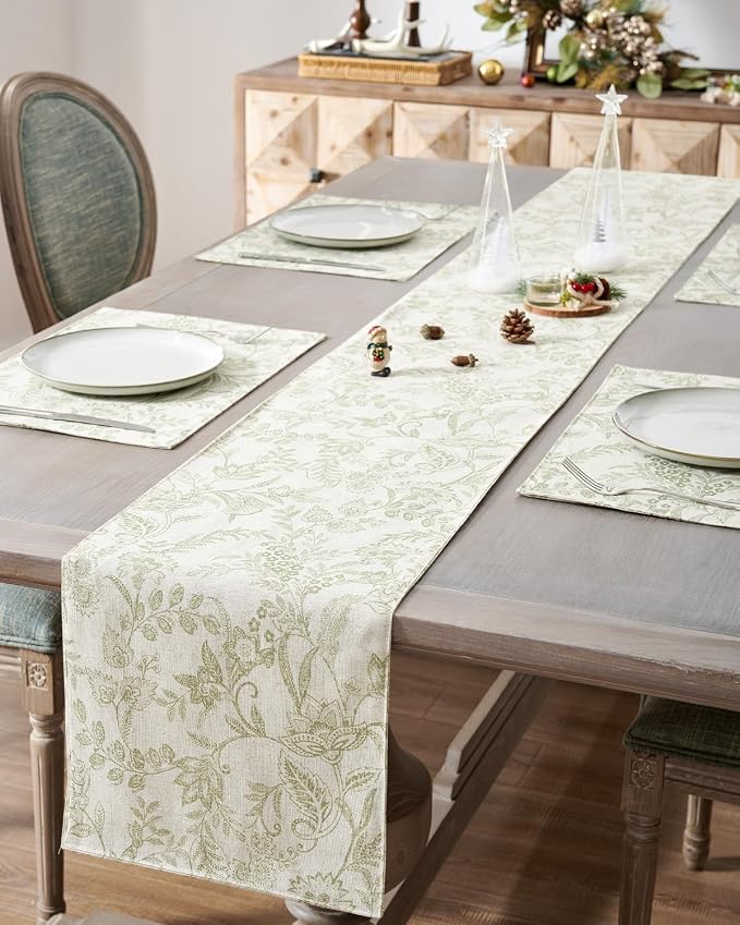 jinchan Sage Green Floral Linen Table Runner 13 x 72 Inch Farmhouse | Textured - Image 2