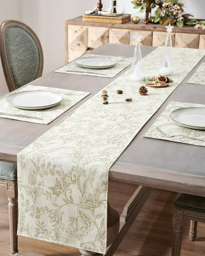 jinchan Sage Green Floral Linen Table Runner 13 x 72 Inch Farmhouse | Textured - Image 2