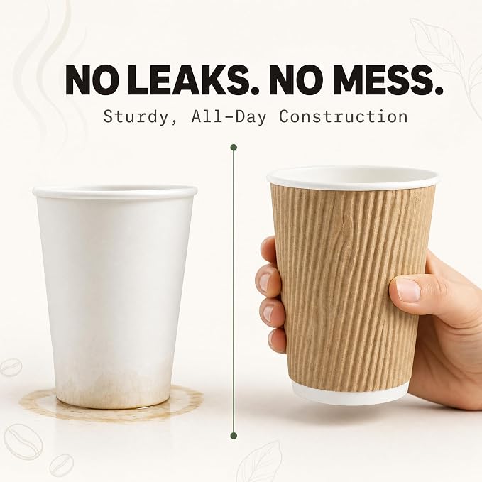 NYHI 150 10 oz Ripple Kraft Paper Cups Brown Hot Cold Cups 3 Layer Rippled - Image 3