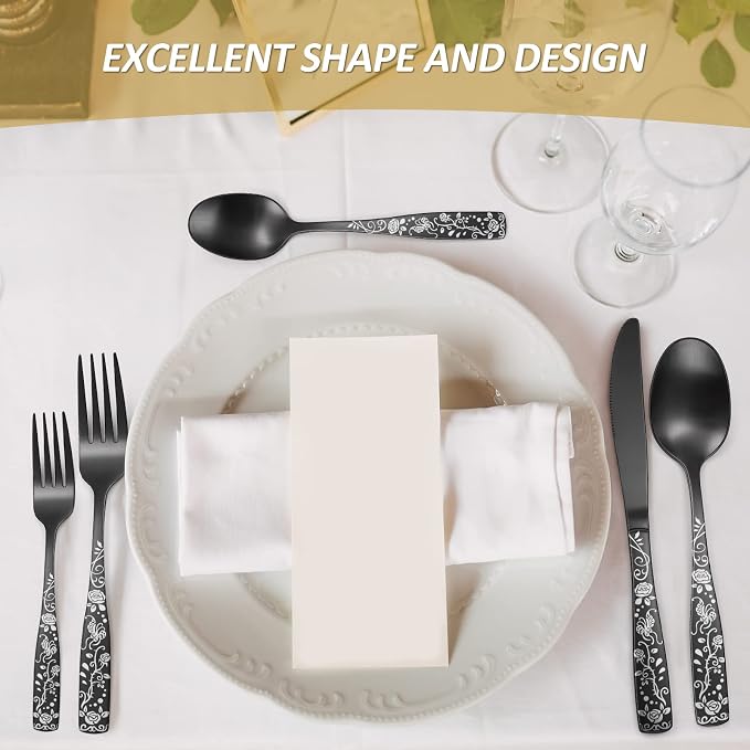 Matte Black Rose Flower Pattern Silverware Set - Image 6