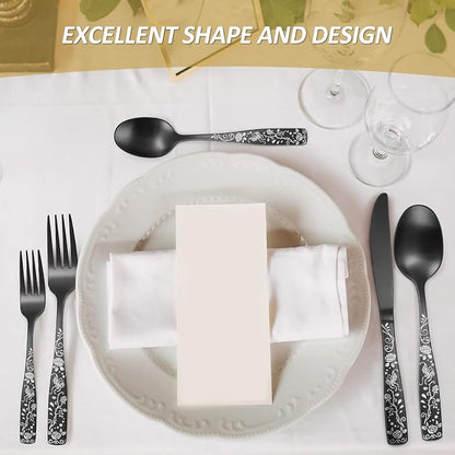 Matte Black Rose Flower Pattern Silverware Set - Image 6