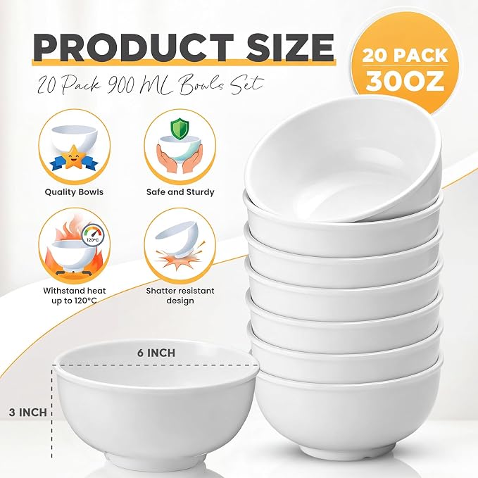 Tioncy 20 Pack 30oz White Melamine Bowls Set 6'' deep Unbreakable Soup Bowl | - Image 2