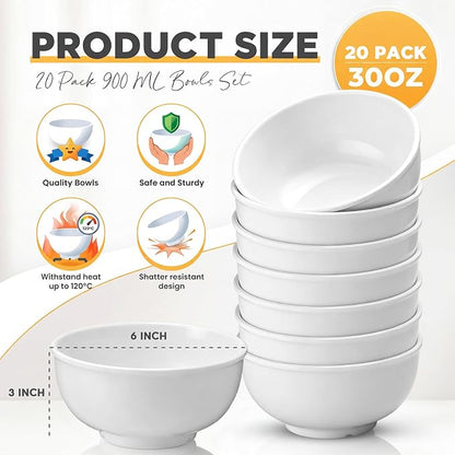 Tioncy 20 Pack 30oz White Melamine Bowls Set 6'' deep Unbreakable Soup Bowl | - Image 2