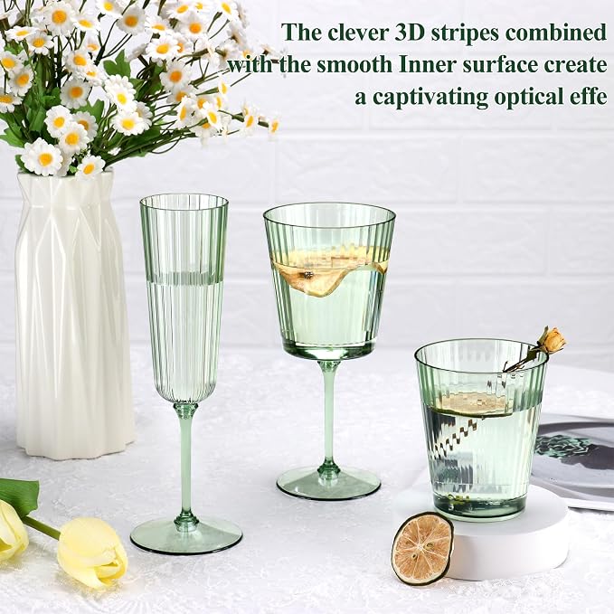 12 PCS Plastic Ribbed Drinking Glasses Green 10oz Vintage Ripple Stemless Wine - Image 6
