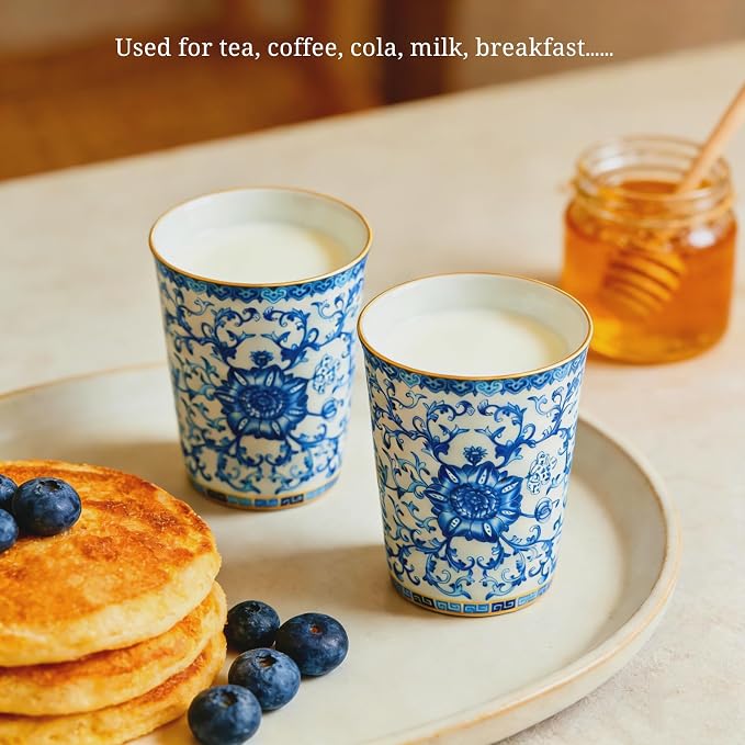 Blue and White Porcelain Coffee Cups, 9 oz Floral Tea Cups Set of 2 | No Handles - Image 6