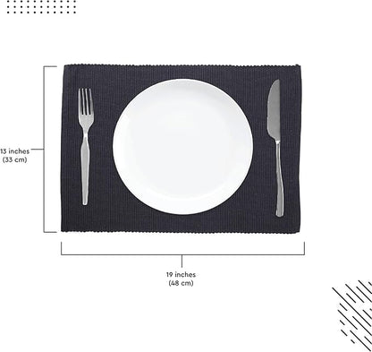 Encasa XO Dining Placemat Set of 6 | Solid Grey Color | Fine Ribbed Cotton Table mat | Size 19x13 in | Machine Washable