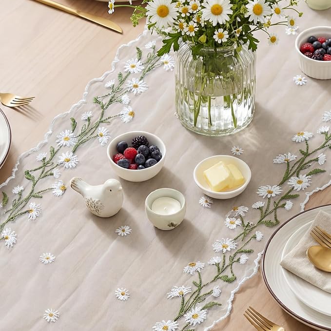 Artoid Mode Daisy Floral Milky White Shaped Gauze Embroidery Table Runner 120 - Image 3