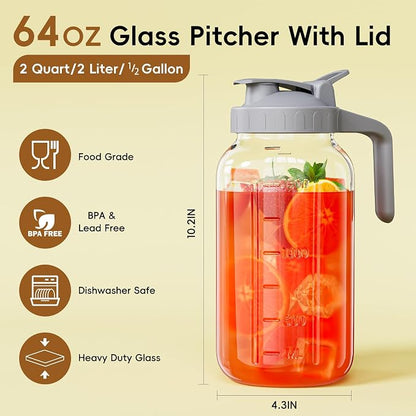 Glass Pitcher with lid, 64 oz Wide Mouth Mason Jar | Dual leak-proof lid - Image 2