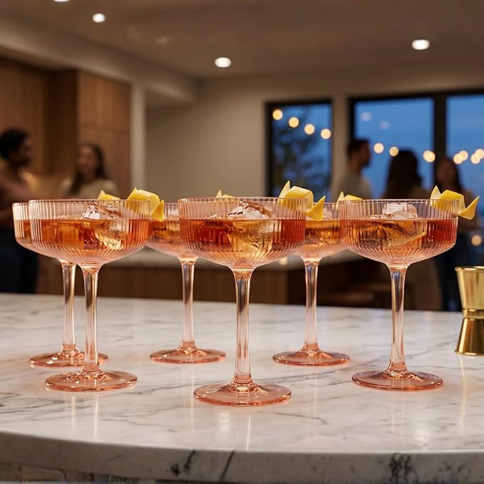 Khen Pink Peach Acrylic Ribbed Coupe Martini Champagne Cocktail Glasses - Image 6