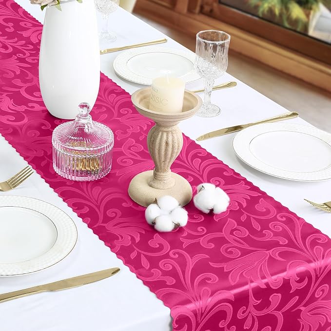 2 Pack Hot Pink Damask Satin Table Runner 12 x 108 Inch | Bright Smooth Damask - Image 4