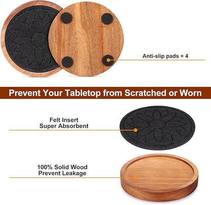 5 Pcs Best Wooden Coasters Non-Slip, Non-Stick, 4 Inches Black - Gtencemen Acacia Wood Coaster Set Absorbent Coasters for Drinks, Coffee Bar, Kinds of Cups, Rustic Farmhouse, Dining Room Table Decor