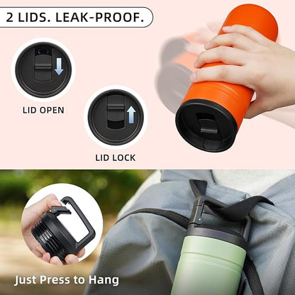 BJPKPK Insulated Water Bottle with 2 Lids,20 oz Double Wall Stainless Steel Vacuum Tumbler Travel Coffee Mug,Wide Mouth Thermal Cup,Orange