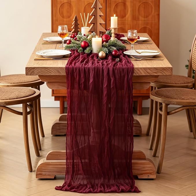 3Pcs Burgundy Table Runner, 10FT Boho Rustic Burgundy Maroon Table Runner - Image 4
