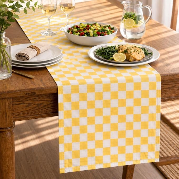 Folkulture Fall Table Runner 90 Inches Long | Yellow Checkered | Table Runner by FOLKULTURE