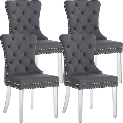KCC Velvet Dining Chairs Set of 4, Upholstered Tufted Wingback Dining Room Chair with Nailhead Back Ring Pull Trim Solid Acrylic Legs, Contemporary Nikki Collection Style for Kitchen, Grey