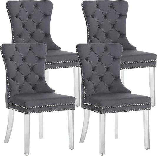 KCC Velvet Dining Chairs Set of 4, Upholstered Tufted Wingback Dining Room Chair with Nailhead Back Ring Pull Trim Solid Acrylic Legs, Contemporary Nikki Collection Style for Kitchen, Grey