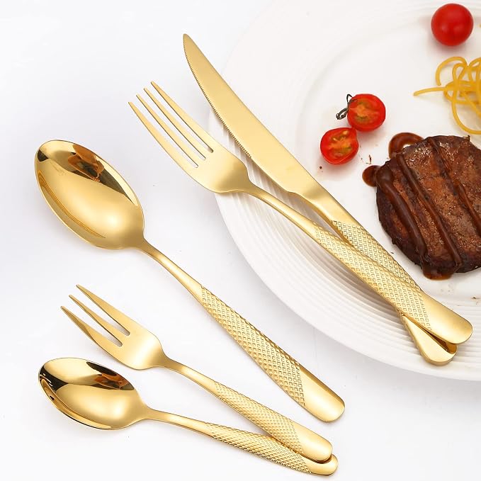 Hammered Silverware Set Gold Modern Stainless Steel Flatware - Image 9