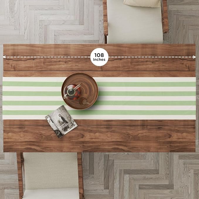 Folkulture Fall Table Runner 108 inches Long | White & Green Striped | Table - Image 2