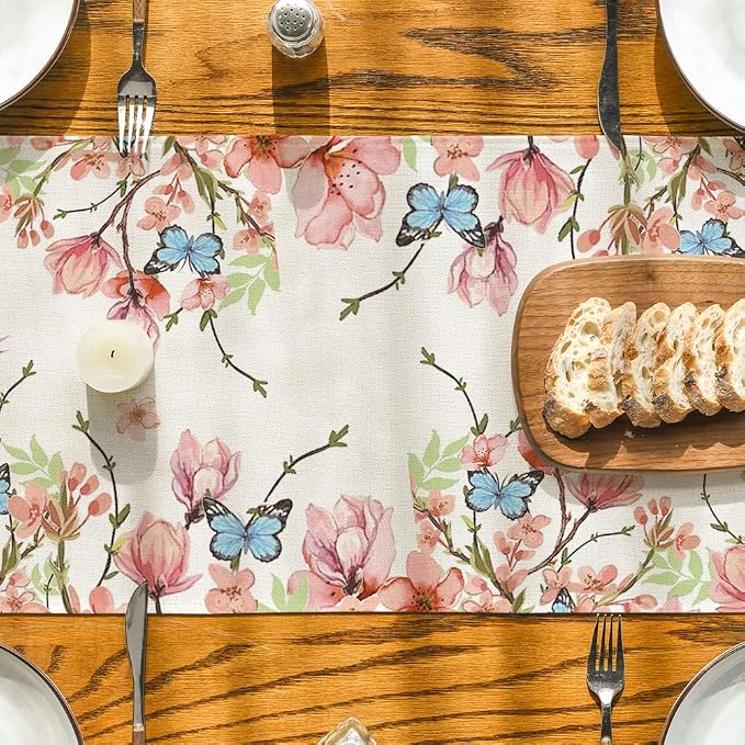 Artoid Mode Flowers Bird Butterfly Spring Table Runner, Seasonal Kitchen Dining - Image 3