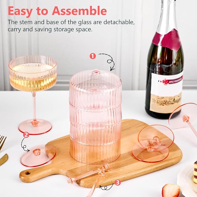 ZOMUIA Ribbed Coupe Glasses 16 Pcs, 10 oz Plastic Champagne Coupe Detachable - Image 6