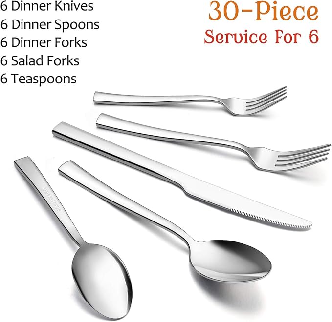 30-Piece Silverware Set, E-far Stainless Steel Flatware Set Service - Image 2