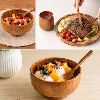 12 Pcs Acacia Wood Dinnerware Set 11.6 Inch Round Wooden Plates Bowls Tea Cups - Image 5