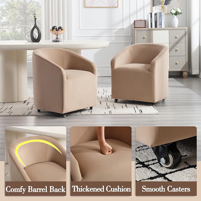 Modern Barrel Dining Chairs with Rolling Casters Set of 2, Upholstered Velvet Swivel Dining Room Chairs with Wheels for Kitchen Living Room Home Office, Khaki