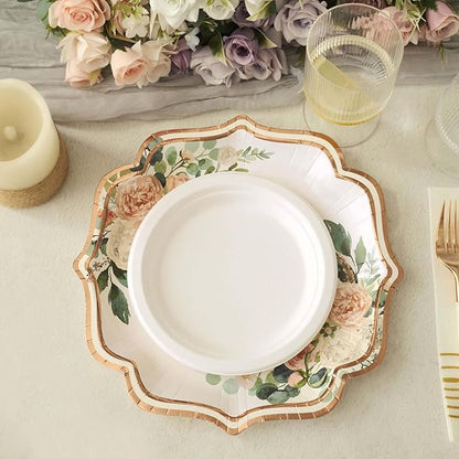 50 Pack 10" White/Rose Gold Floral Print Scallop Rim Dinner Plates, Disposable Round Paper Party Plates 300 GSM for Festive Table Decoration