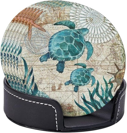 Drink Coasters with Holder Stand Set of 6, Sea Turtle Pu Leather Absorbent - Image 2