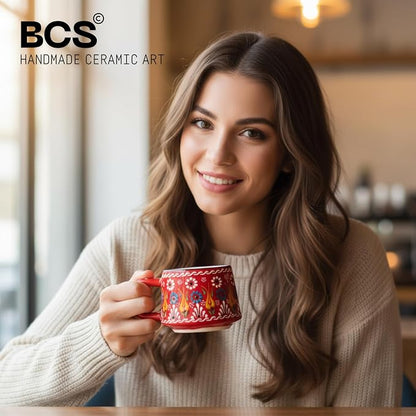 BCS 6 Oz Cappuccino Cups Set of 2, Hand-Painted Ceramic Coffee & Tea Mugs | - Image 3