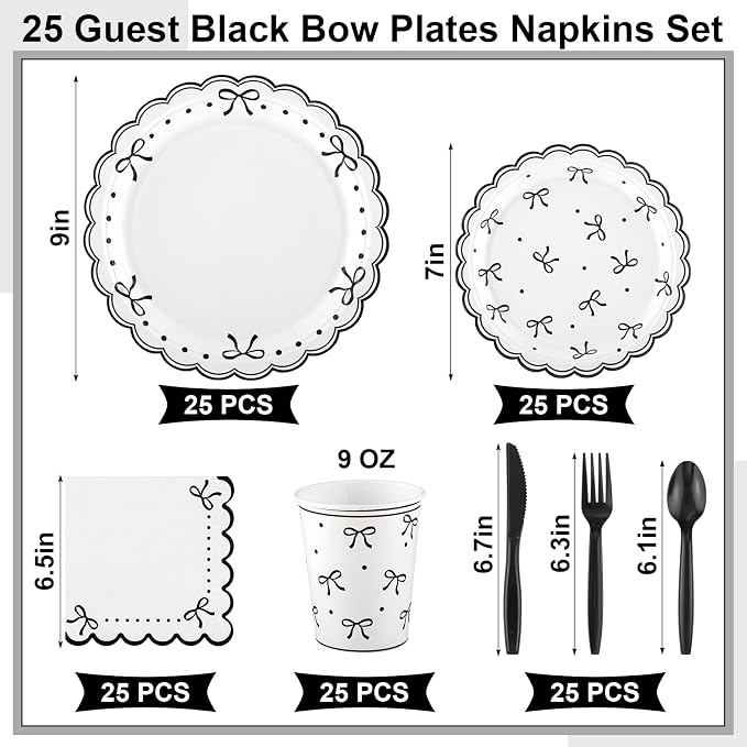 Natnarr 25 Set Black Bow Birthday Decorations Cute Bow Plates Napkins Set | 9" - Image 2