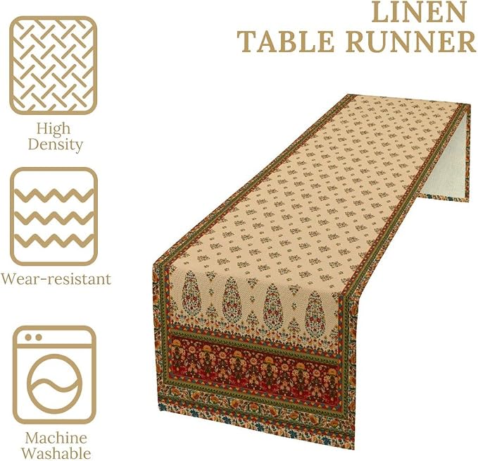 Boho Paisley Table Runner, Vintage Western Brown Dark Red Beige Flowers Leaves - Image 4
