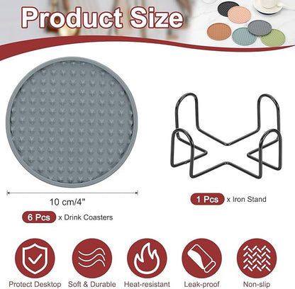 uxcell Set of 6 Round Drink Coasters with Holder, 4" Silicone Coaster for Drinks Non-Slip Cup Coaster Heat Resistant Glass Cushion for Bar Kitchen Office Decor, Gray(Pentagon)