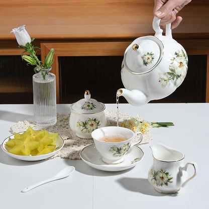 Sweejar Porcelain Tea Set Vintage Floral, British Relief Gold Rim Teapot Cup - Image 4