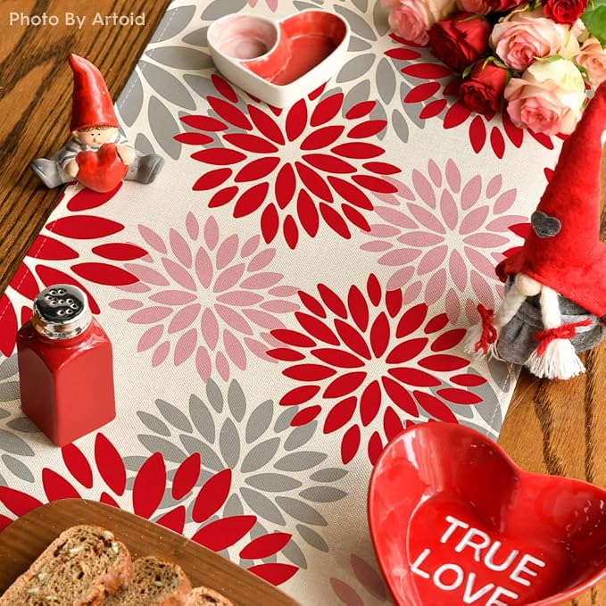 Artoid Mode Red Pink Dahlia Floral Pinnata Christmas Table Runner, Valentine - Image 4